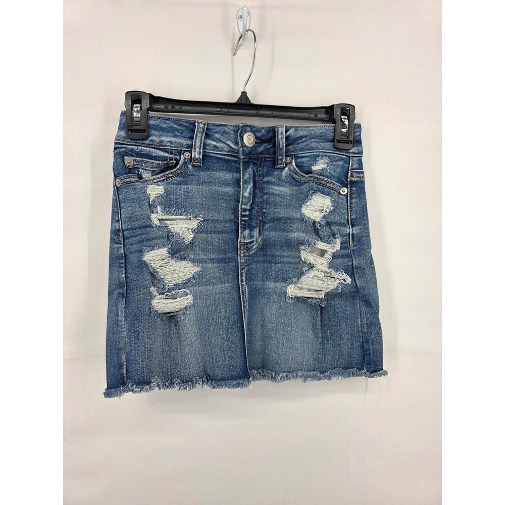 American Eagle Distressed Denim Mini Skirt Blue Raw Hem Size 00